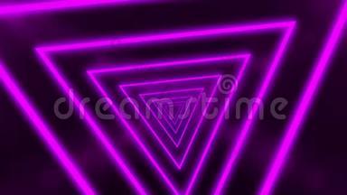 抽象背景与<strong>霓虹</strong>灯三角形，循环动画形成隧道。 紫色<strong>线条</strong>。 CG动画三维渲染