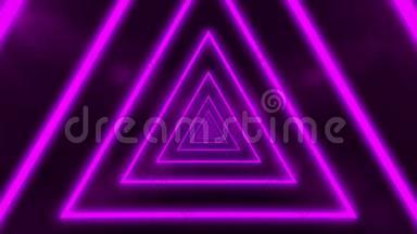 抽象背景与霓虹灯三角形，循环动画形成隧道。 紫色线条。 CG动画三维渲染