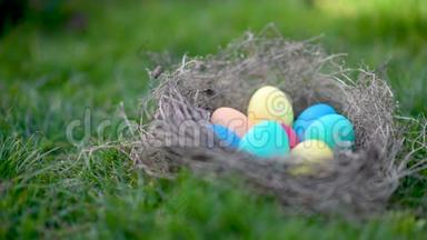 五颜六色的复活节彩<strong>蛋</strong>躺在草地上的巢里。 寻找复活节彩<strong>蛋</strong>。