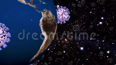 冠状病毒covid19围绕地球<strong>旋转</strong>.. 3D动画。 黑色背景。