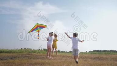 孩子们玩耍，有趣的男孩和女孩在森林里玩风筝在<strong>夏季周</strong>末在农村对抗