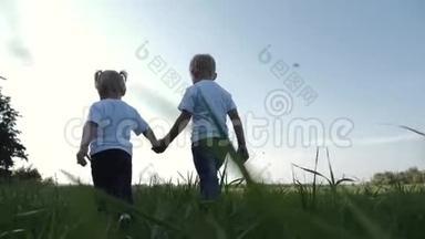快乐的孩子们牵着手在绿草上。 享受乡村的新鲜空气.. 夏季郊游