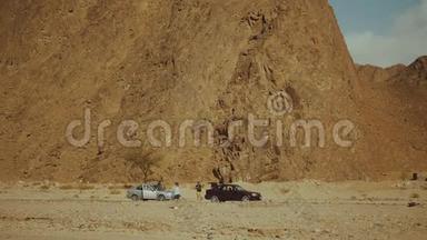 一群游客在炎热的沙漠中沿着岩石峡谷散步。 沙漠岩石背景，埃及，西奈，慢动作，全高清
