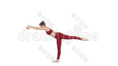 图拉丹达萨纳或平衡棍球是一种高级瑜伽姿势，由美丽的瑜伽女人在白色背景。