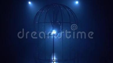 一个女孩在笼子里的<strong>舞台</strong>上抱箍旋转的剪影。 <strong>蓝色</strong>烟雾背景。 慢动作