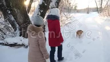 孩子们在冬天和一只狗在公园里旅行。 两个女孩和狗在冬天公园的<strong>小路</strong>上<strong>散步</strong>