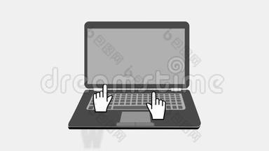 带有灰色笔记本电脑缩放的Webinar横幅，两只光标手在<strong>键盘</strong>和触摸屏上移动，手<strong>按</strong>连接<strong>按</strong>钮
