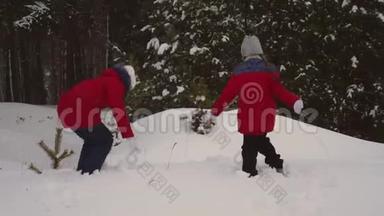 孩子们在松冬<strong>雪地</strong>公园玩雪球，通过雪堆和笑声。 女孩在冬天在<strong>雪地</strong>里玩耍。 圣诞节