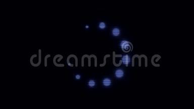 加载蓝色圆圈图标的小闪烁球移动在黑色背景。 动画。 发光点在一个