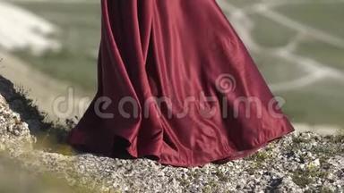 年轻的女孩在风中握住紫色裙子的<strong>下摆</strong>织物的褶皱被倒入阳光中