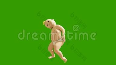 一个小孩子在绿色的<strong>屏</strong>幕上跳舞。 3D染小舞蹈儿童动画.. 循环动画。