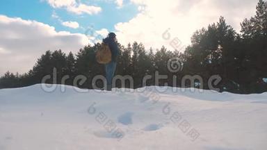 概念导航。 冬天，人们用手指着旁边的方向，在森林旁边的雪中指示慢动作视频
