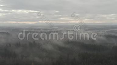 在一片雾蒙蒙的森林上的山景，由一架无人机拍摄，被定义为日出，在秋天开始醒来
