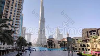 迪拜市中心的美丽景色|著名的迪拜喷泉、迪拜购物中心、哈利法塔和歌剧院