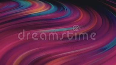 粉红色的霓虹灯能带在波浪中移动。 抽象的波浪状霓虹灯条纹。 彩色线条的流动改变了颜色
