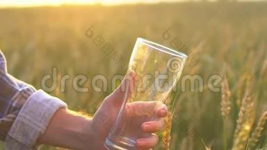 男人`手把冰冷的啤酒倒进玻璃杯里，男人手拿着玻璃杯，从瓶子里倒啤酒。